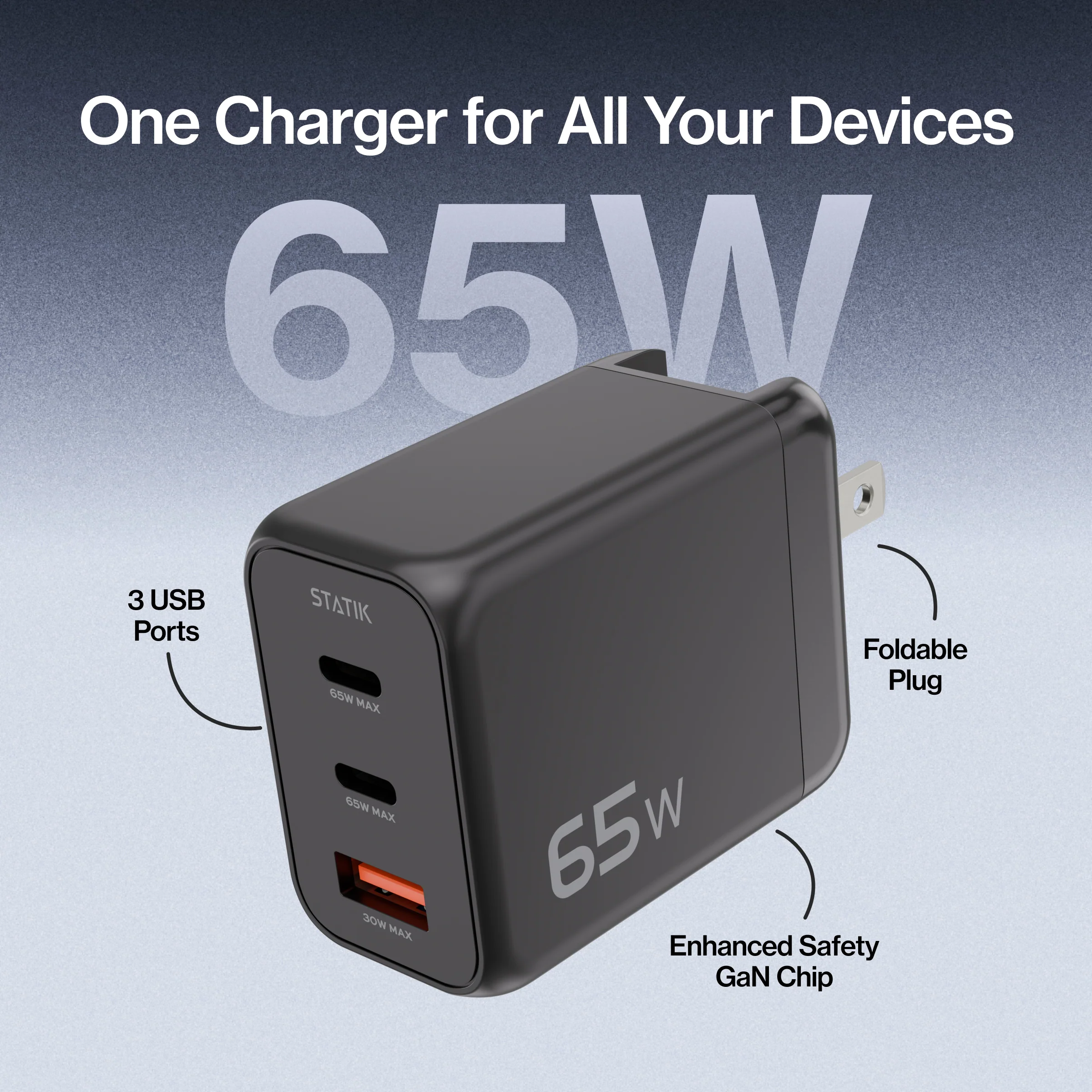 65W GaN Power Adapter | 3 Port Wall Charger | Universal & Compact - Image 3
