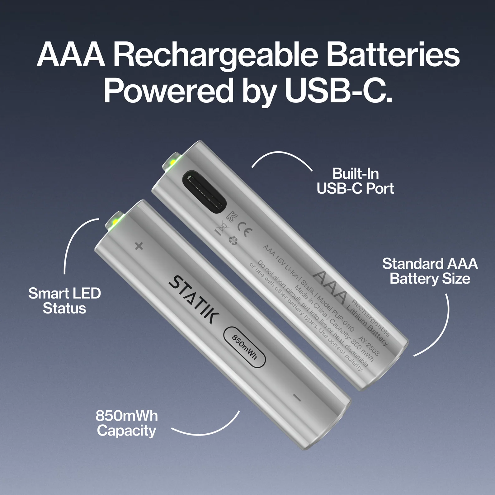 Rechargeable AAA Batteries |  4 Pack | USB-C Rechargeable - Image 3
