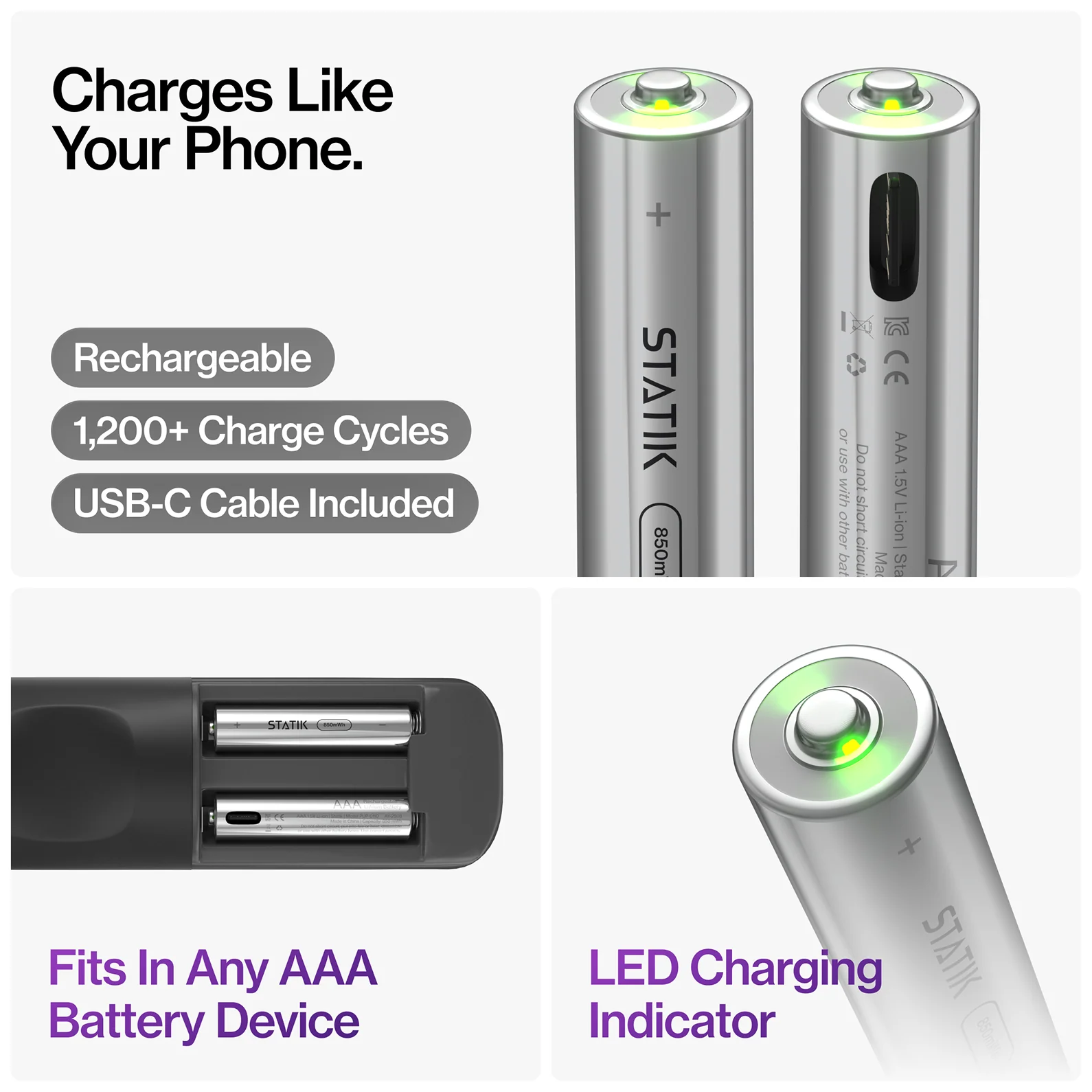 Rechargeable AAA Batteries |  4 Pack | USB-C Rechargeable - Image 8